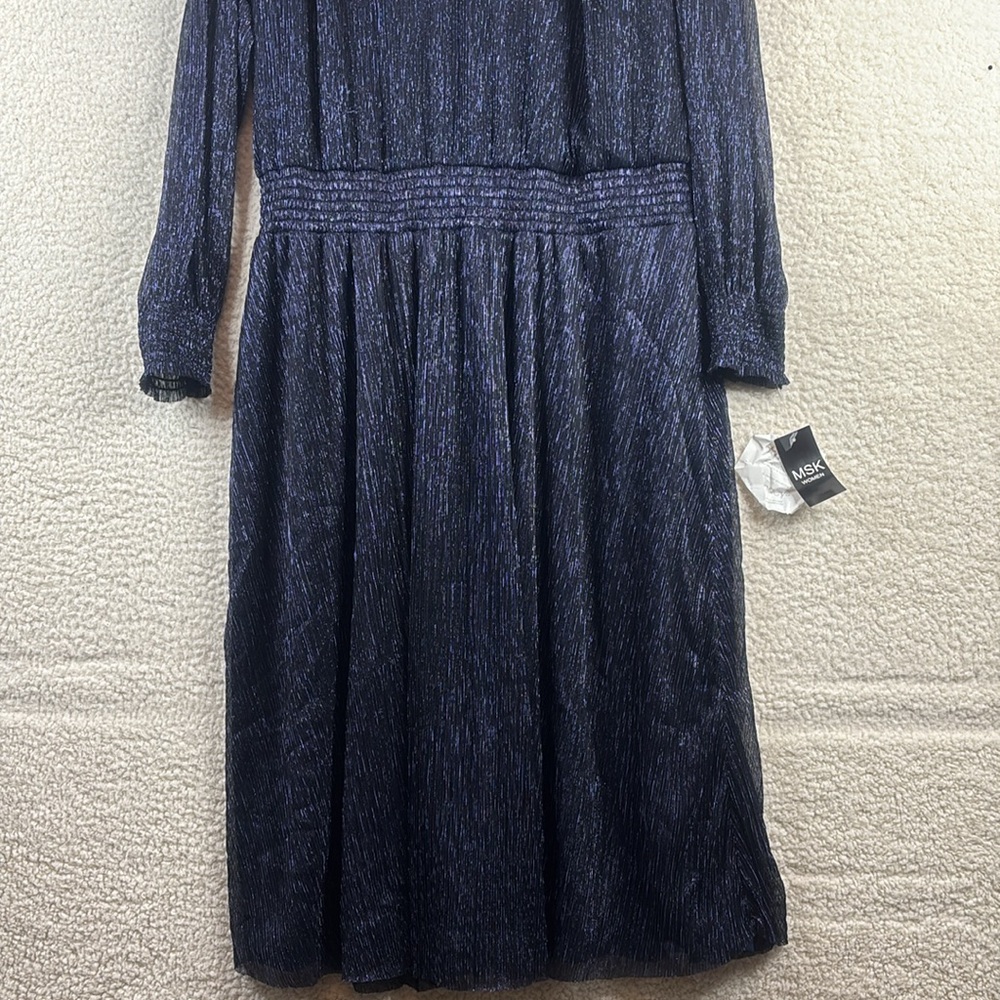 NWT MSK Womens Navy Blue Metallic Smocked V-Neck Long Sleeve Midi Dress PLUS 3X - Picture 7 of 13